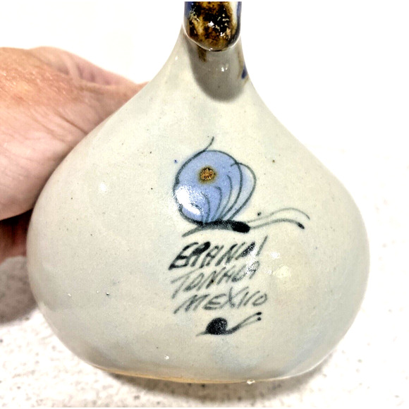 Vintage Tonala Art Pottery Chicken Bird Figure Figurine Blue Brown Green Floral - Picture 7 of 11